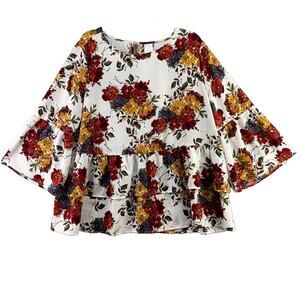 Time and Tru Womens Top Size XXL Floral Blouse Ruffle Hem Sleeve Flowy Loose Fit